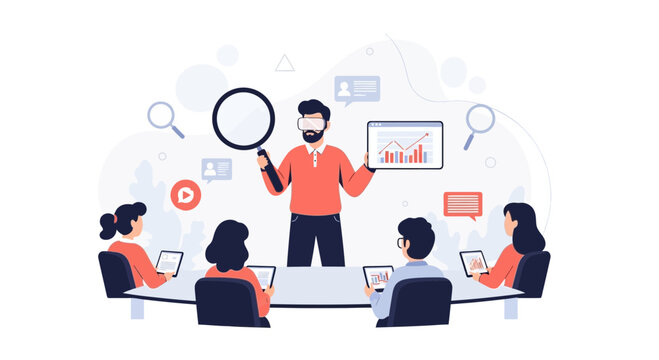 Team meeting with VR headset presenter showing analytics and data on screen, business concept illustration