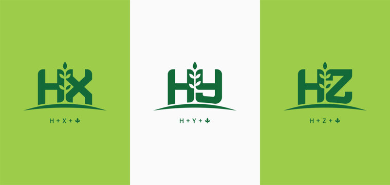 Set of initials letter HX, HY, and HY with plant grow logo design. HX, HY, HZ monogram agriculture farm logo collections