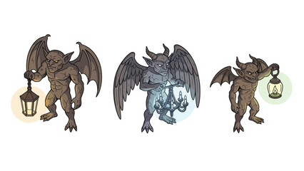 Fototapeta premium Three cartoon gargoyles holding lanterns, each with a different color glow.