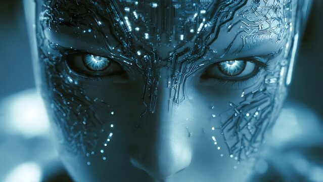 A close-up, digitally rendered portrait of a futuristic android's face, highlighting its piercing glowing eyes and intricate cybernetic circuitry.