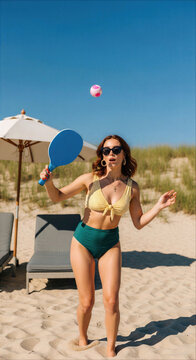 Young Woman Playing Beach Paddle Ball in Yellow Bikini and Sunglasses on Sunny Day