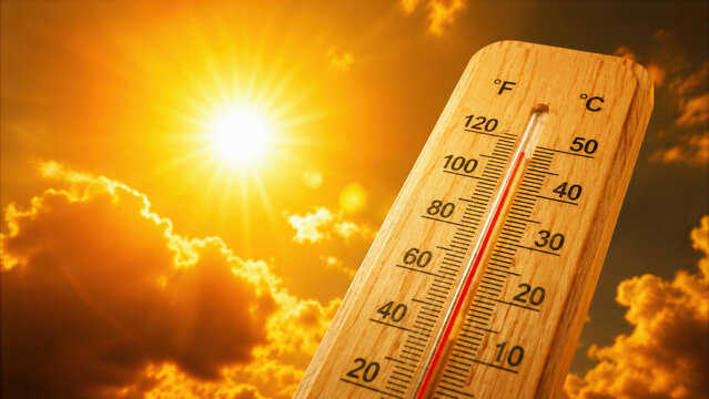 Extreme summer heatwave concept with wooden thermometer showing high temperature under a blazing sun in an orange sky.