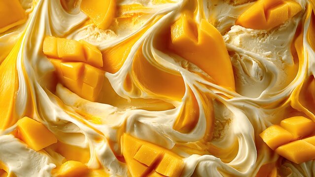 A close-up view of creamy vanilla ice cream swirled with fresh, juicy mango chunks, creating a vibrant and delicious dessert texture.