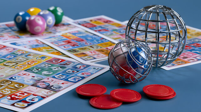 Colorful bingo cards with numbered balls, red plastic chips, and a metal cage on a blue surface for bingo game night