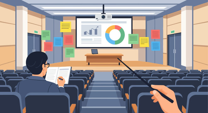 Presentation in a modern conference room with projector screen and audience.