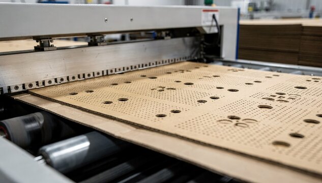 Dynamic medium shot focusing on perforation die cutting in packaging creating tear lines and ventilation holes to improve usability and air circulation in product boxes.