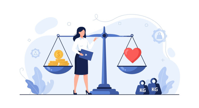 Businesswoman balancing money and heart on a scale, symbolizing life choices, priorities, and values in finance and relationships.