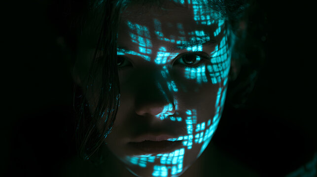Dark portrait of a person with a turquoise code projected on their face, creating a hacker-inspired glow