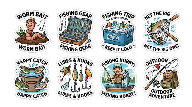 Collection of cartoon fishing-themed stickers featuring bait, gear, and happy anglers.