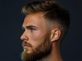 Naklejka premium Side view of handsome man with beard and stylish haircut