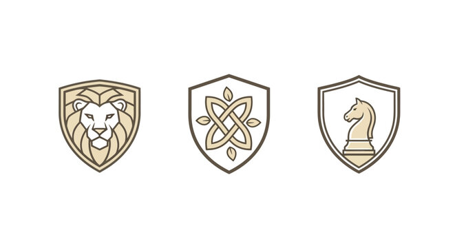 Three ornate heraldic shields with distinct symbols.
