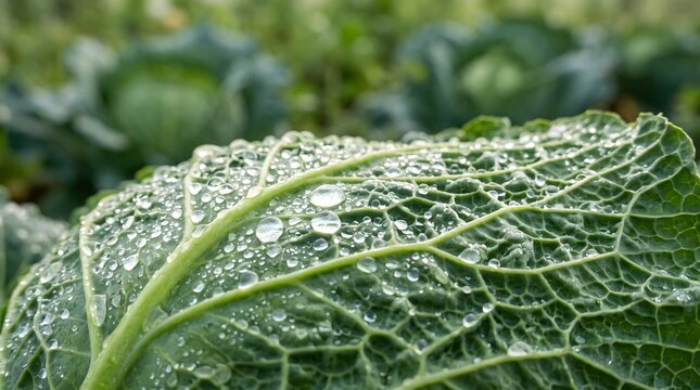 A detailed close-up macro shot of morning dew water droplets resting on the textured vibrant green leaf of a fresh cabbage in a vegetable garden