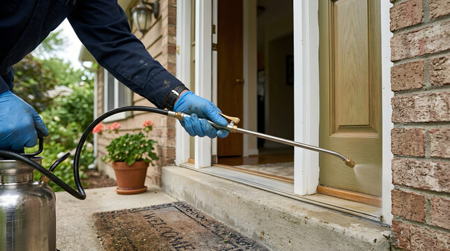 Pest control technician applying chemical treatment to residential doorway with exterminator professional treatment residential cleaning sanitation chemicals maintenance