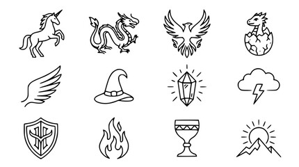 Mythical creatures vector icon set with simple bold line art classic generic unicorn dragon phoenix egg magic crystal flame and fantasy wildlife clip art black and white © GULSHAN