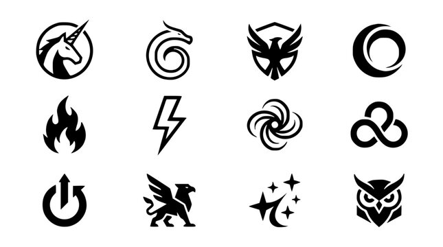 Modern abstract mythical creature symbol vector clipart set with minimalist clean outline gaming brand unicorn dragon monogram and fantasy logo graphics black and white