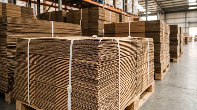 Stacks of cardboard boxes wrapped with white straps on wooden pallets in a warehouse aisle with industrial shelves