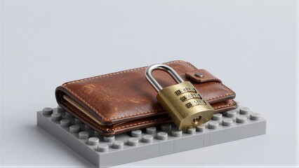 Obraz premium Brown wallet locked with padlock on LEGO base, symbolizing secure finances.