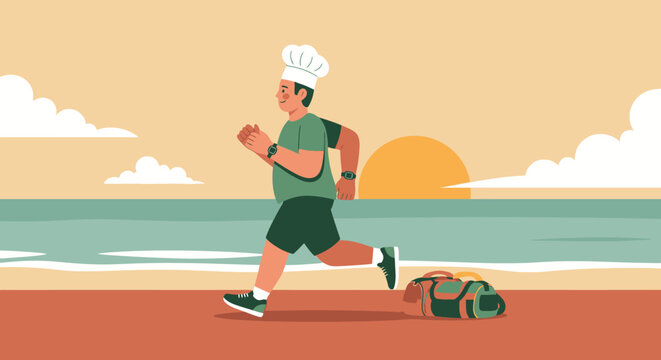 Chef running on beach at sunset with gym bag.
