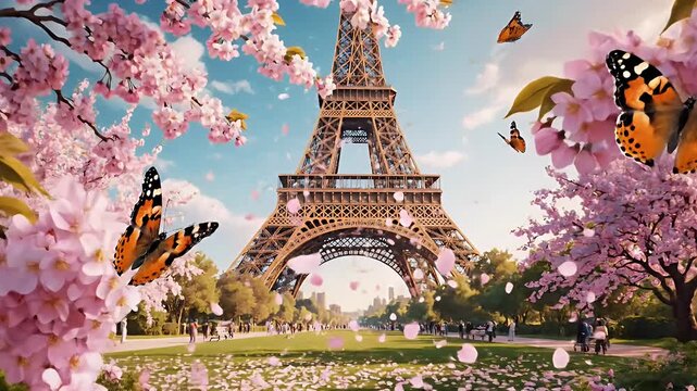 Surreal Parisian Garden Scene Featuring Cherry Blossoms, Giraffe, and Eiffel Tower