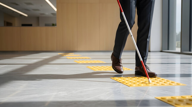 Visually Impaired Person Navigating with Cane on Tactile Tiles | Blind Man Walking on Yellow Warning Blocks Indoors | Accessibility Infrastructure for Blind People in Office | Tactile Paving Guidance 