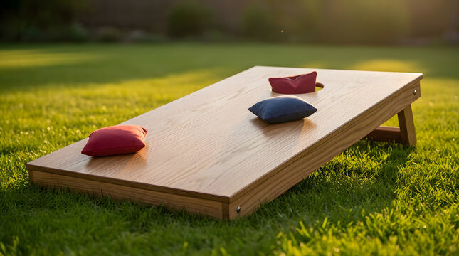 Wooden Cornhole Board Lawn Game on Green Grass | Backyard Cornhole Set with Red and Blue Bean Bags | Outdoor Tailgating Toss Game at Sunset Golden Hour | Family Gathering Lawn Game Equipment in Backya