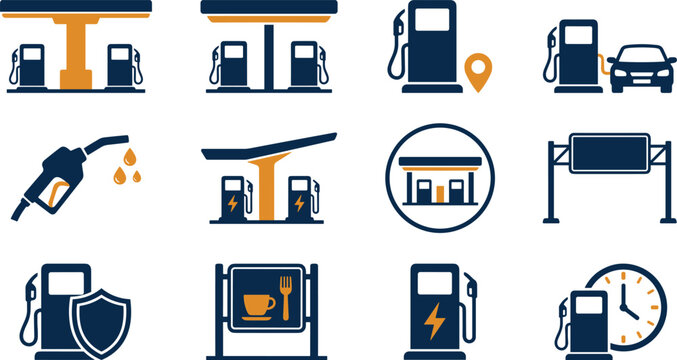 Gas Station and Highway Service Icon Vector Set featuring Petrol Pumps EV Charging Points Location Pin Restaurant Sign and Travel Protection Symbols