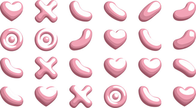 Glossy Pink Candy and Jelly Bean Shapes Icon Set with Hearts, Crosses, and Concentric Circles for Cute Mobile Game User Interface Designs