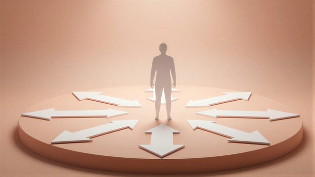 Silhouette stands before arrows, symbolizing choices and life's uncertain path ahead.