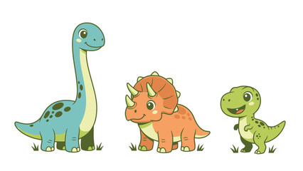 Fototapeta premium Three cute cartoon dinosaurs standing on grass, a long neck, a triceratops, and a t-rex.