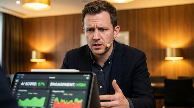 Stressed businessman presenting artificial intelligence analytics data dashboard