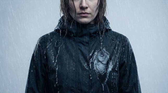 Wet woman wearing waterproof raincoat in heavy rain