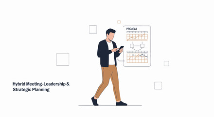 Obraz premium Man with Smartphone in Hybrid Meeting, Planning Strategy and Project Management with Data Charts
