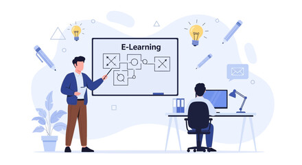 Obraz premium Online education concept: Teacher explaining e-learning with diagram on whiteboard, student studying on computer