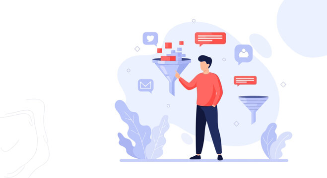 Man Using Funnel for Marketing Lead Generation and Sales Process Illustration