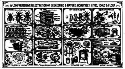 Beekeeping Frame Icon Illustration with Honeybee Panels, Hives, Tools, Flowers, and Vintage Engraved Texture © MstSupti