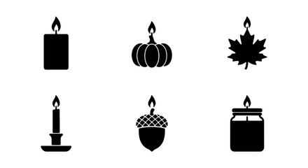 Autumn candle icon set, black silhouette fall candles, 6 vector pumpkin and acorn candle symbols © black man