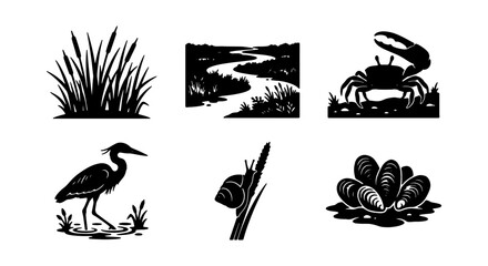 Coastal salt marsh wildlife icons, 6 black vector silhouettes, wetland nature landscape elements © black man