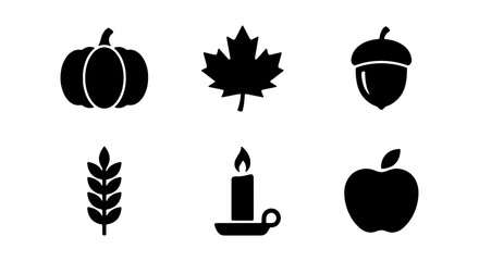 Autumn Icons Set: Pumpkin, Maple Leaf, Acorn, Wheat, Candle, Apple, Fall Symbols © black man