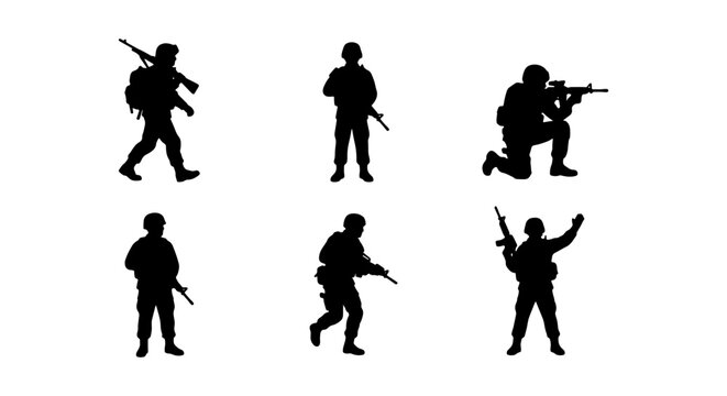 Military soldier silhouettes set, 6 army infantry vector elements, tactical combat troop icons