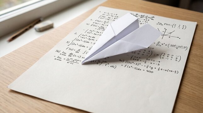 Paper airplane resting on math homework with equations and graphs on a wooden desk