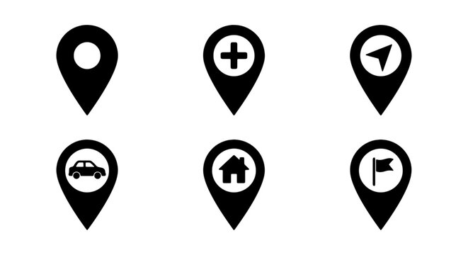 Black Location Pin Icons, GPS Navigation Map Pointers, Destination Markers Vector Set