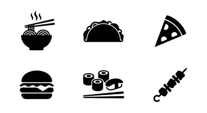 Diverse Food Icons Set: Noodles, Tacos, Pizza, Burger, Sushi, Kebab Vector Graphics