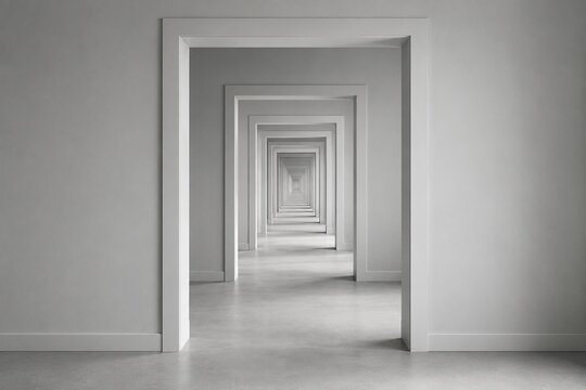 An endless grey and white corridor with identical repeating doorways.
