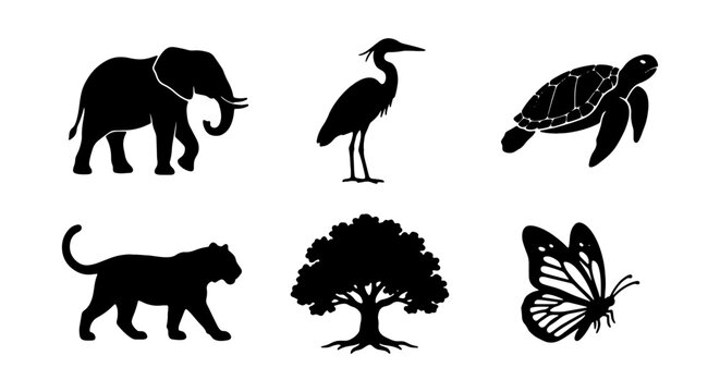 African Elephant, Heron, Sea Turtle, Tiger, Tree, Butterfly Silhouettes: Wildlife & Nature Icons