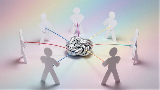 Paper people linked by colorful strings to a central tangled knot, symbolizing interconnectedness.