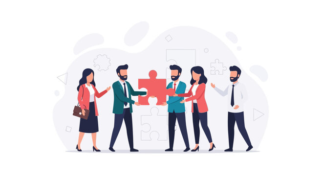 Business team assembling puzzle pieces, representing collaboration, teamwork, and problem-solving in corporate environment