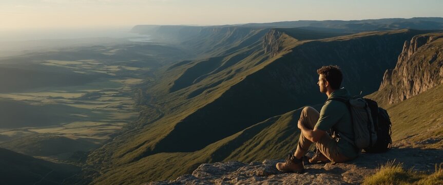 Solo traveler with backpack sitting on a cliff edge looking at a vast mountain valley
