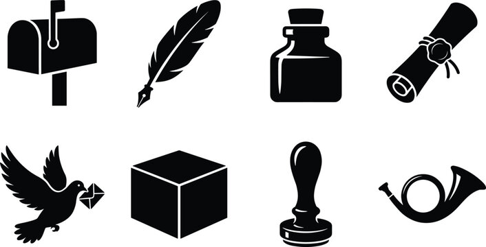 Vintage postal service and communication silhouette icon set featuring a mailbox, quill pen, scroll, and carrier pigeon