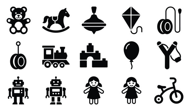 Kids toys and children play vector icon set with teddy bear, rocking horse, spinning top, kite, yo yo, toy train, blocks, balloon, robot, doll and scooter symbols collection