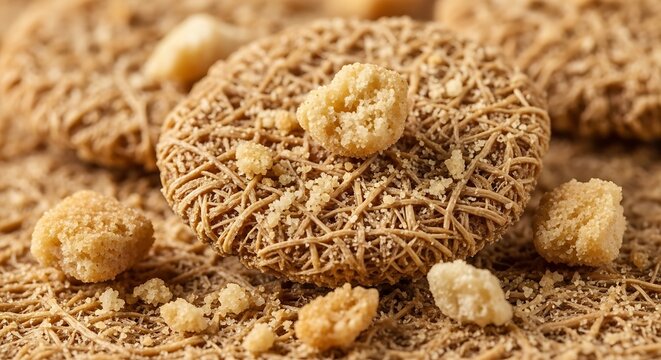 Crispy whole grain wheat shredded biscuits and crumbs texture close